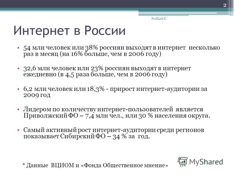 Интернет в России 54 млн человек или 38% россиян выходят в интернет несколько раз в месяц (на 16% больше, чем в 2006 году) 32,6 млн человек или 23% россиян выходят в интернет ежедневно (в 4,5 раза больше, чем в 2006 году) 6,2 млн человек или 18,3% - 