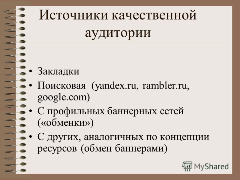 Источники качественной аудитории Закладки Поисковая (yandex.ru, rambler.ru, google.com) С профильных баннерных сетей («обменки») С других, аналогичных по концепции ресурсов (обмен баннерами)