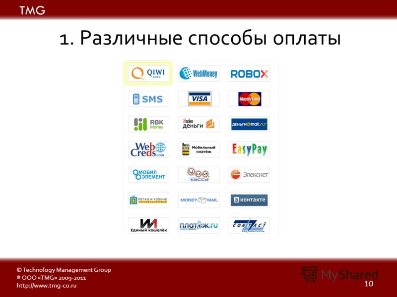 10 © Technology Management Group ® ООО «TMG» 2009-2011 http://www.tmg-co.ru TMG 1. Различные способы оплаты