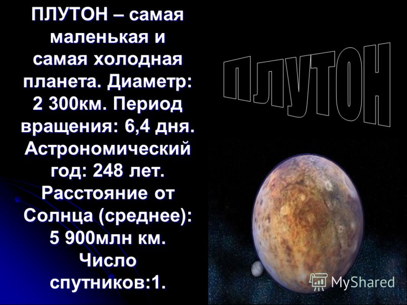 ПЛУТОН – самая маленькая и самая холодная планета. Диаметр: 2 300км. Период вращения: 6,4 дня. Астрономический год: 248 лет. Расстояние от Солнца (среднее): 5 900млн км. Число спутников:1.