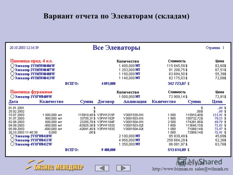 (095) 923 0198 http://www.bizman.ru sales@wilmark.ru Вариант отчета по Элеваторам (складам)