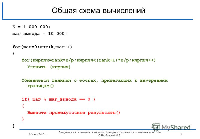 Общая схема вычислений Москва, 2010 г. K = 1 000 000; шаг_вывода = 10 000; for(шаг=0;шаг
