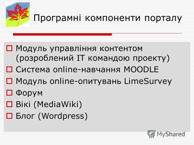 Програмні компоненти порталу Модуль управління контентом (розроблений ІТ командою проекту) Система online-навчання MOODLE Модуль online-опитувань LimeSurvey Форум Вікі (MediaWiki) Блог (Wordpress)