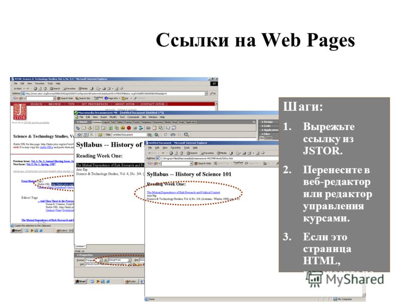 Ссылки на Web Pages Шаги: 1.Вырежьте ссылку из JSTOR. 2.Перенесите в веб-редактор или редактор управления курсами. 3.Если это страница HTML, перенесите на сервер.