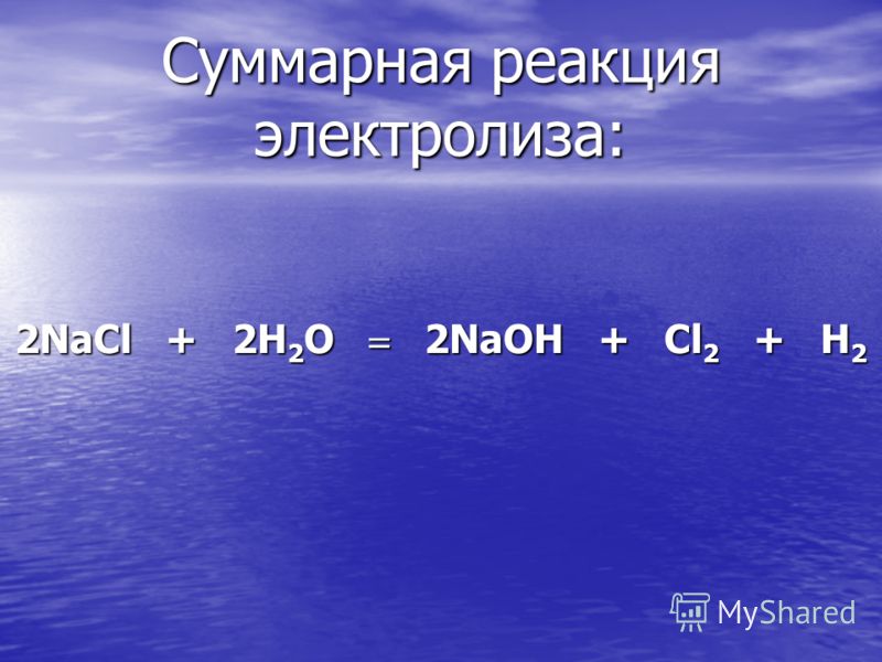 Суммарная реакция электролиза: 2NaCl + 2H 2 O 2NaOH + Cl 2 + H 2