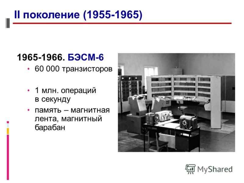 1965-1966. БЭСМ-6 60 000 транзисторов 1 млн. операций в секунду память – магнитная лента, магнитный барабан II поколение (1955-1965)