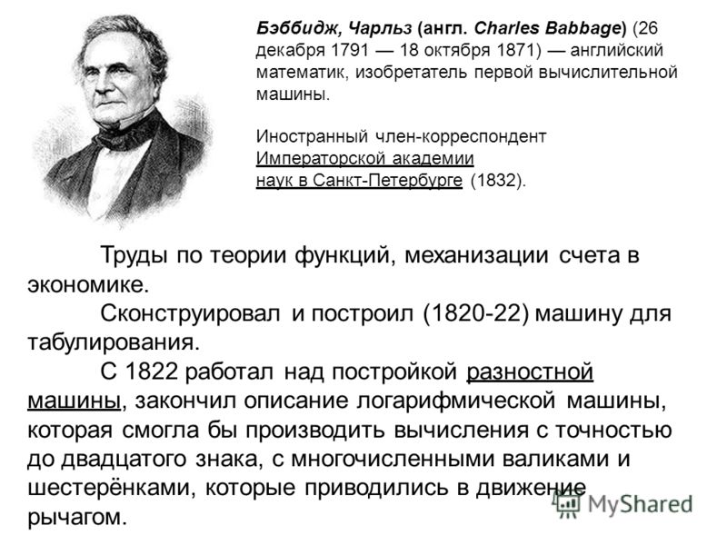 Бэббидж, Чарльз (англ. Charles Babbage) (26 декабря 1791 18 октября 1871) английский математик, изобретатель первой вычислительной машины. Труды по теории функций, механизации счета в экономике. Сконструировал и построил (1820-22) машину для табулиро