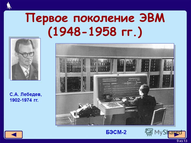 9 из 13 Первое поколение ЭВМ (1948-1958 гг.) БЭСМ-2 С.А. Лебедев, 1902-1974 гг.