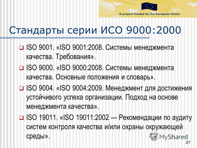 Стандарты серии ИСО 9000:2000 ISO 9001. «ISO 9001:2008. Системы менеджмента качества. Требования». ISO 9000. «ISO 9000:2008. Системы менеджмента качества. Основные положения и словарь». ISO 9004. «ISO 9004:2009. Менеджмент для достижения устойчивого 