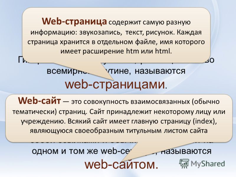 Несколько web-страниц, объединенных общей темой, дизайном, а также связанных между собой ссылками и обычно находящихся на одном и том же web-сервере, называются web-сайтом. Большинство ресурсов всемирной паутины представляет собой гипертекст. Гиперте