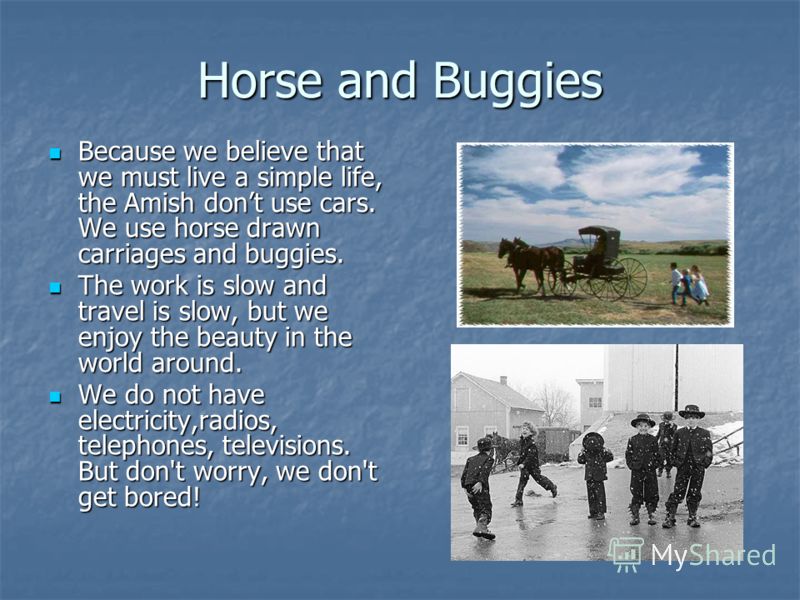Horse and Buggies Because we believe that we must live a simple life, the Amish dont use cars. We use horse drawn carriages and buggies. Because we believe that we must live a simple life, the Amish dont use cars. We use horse drawn carriages and bug