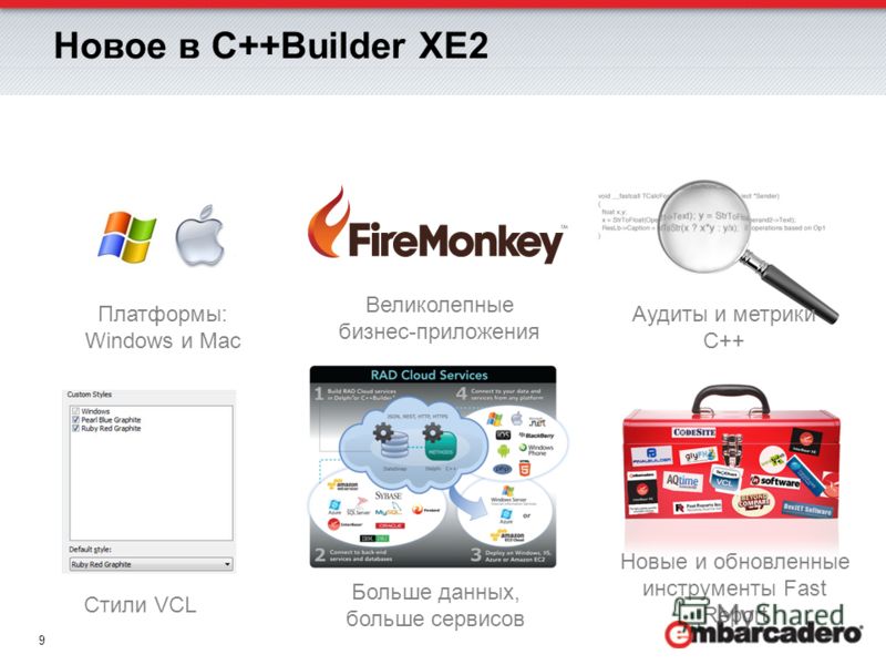 9 Новое в C++Builder XE2 Платформы: Windows и Mac Великолепные бизнес-приложения Стили VCL Больше данных, больше сервисов Новые и обновленные инструменты Fast Report Аудиты и метрики C++