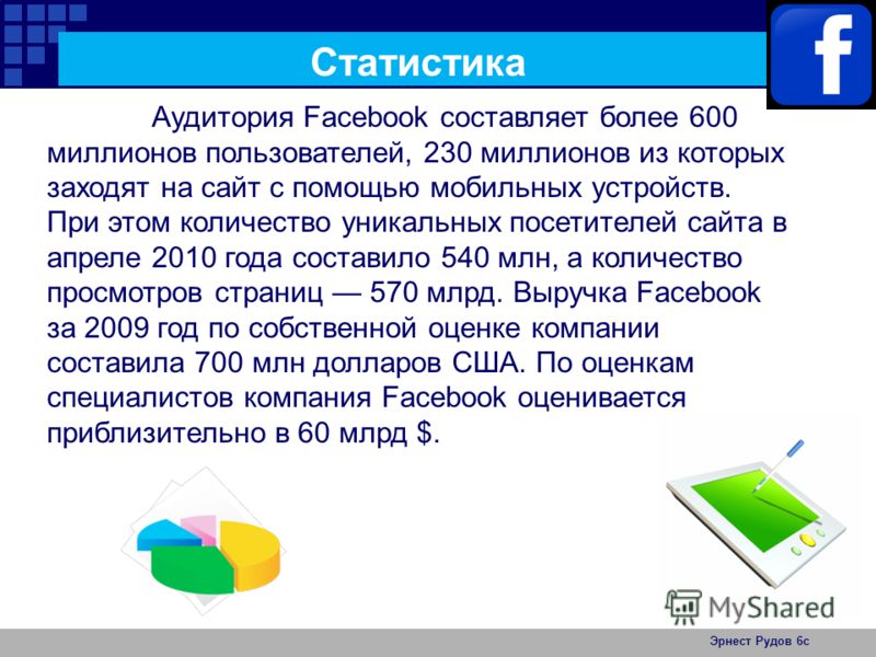 Эрнест Рудов 6с Статистика Text Аудитория Facebook составляет более 600 миллионов пользователей, 230 миллионов из которых заходят на сайт с помощью мобильных устройств. При этом количество уникальных посетителей сайта в апреле 2010 года составило 540