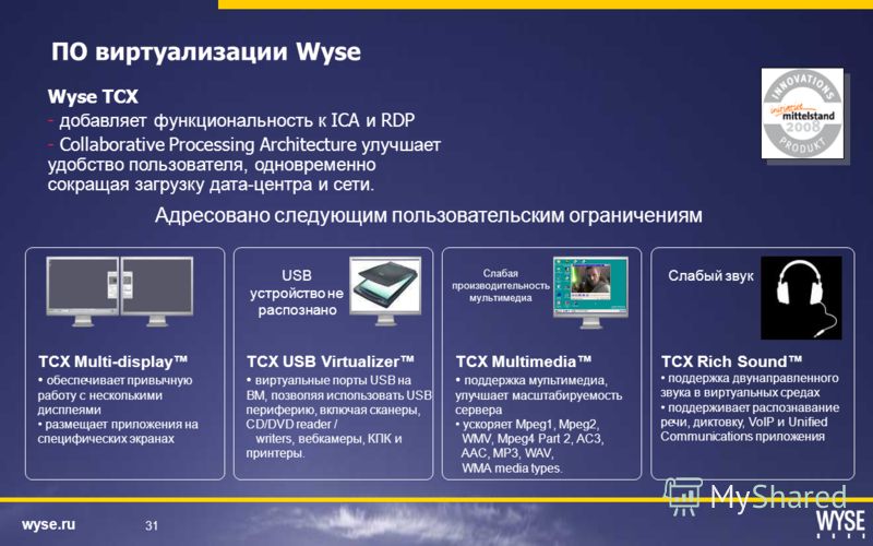 wyse.ru 31 ПО виртуализации Wyse Wyse TCX - добавляет функциональность к ICA и RDP - Collaborative Processing Architecture улучшает удобство пользователя, одновременно сокращая загрузку дата-центра и сети. USB устройство не распознано TCX Multi-displ