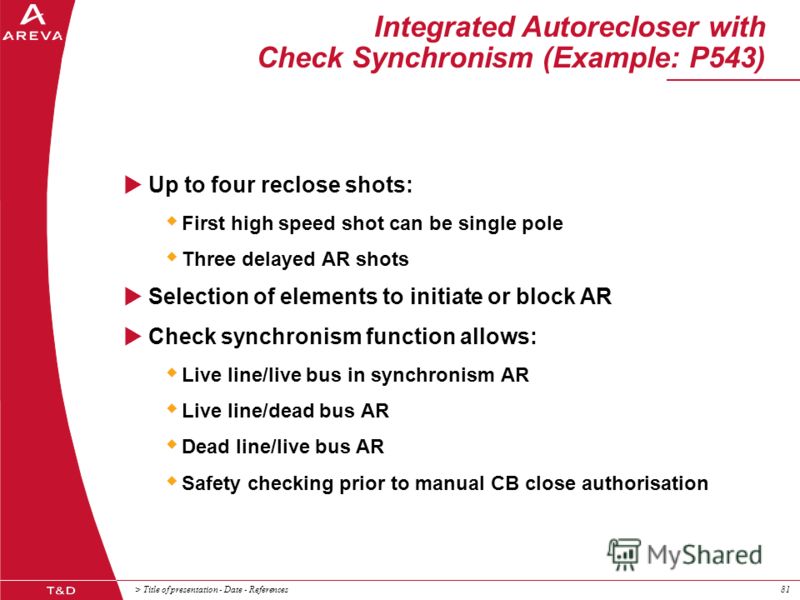 > Title of presentation - Date - References81 Up to four reclose shots: First high speed shot can be single pole Three delayed AR shots Selection of elements to initiate or block AR Check synchronism function allows: Live line/live bus in synchronism