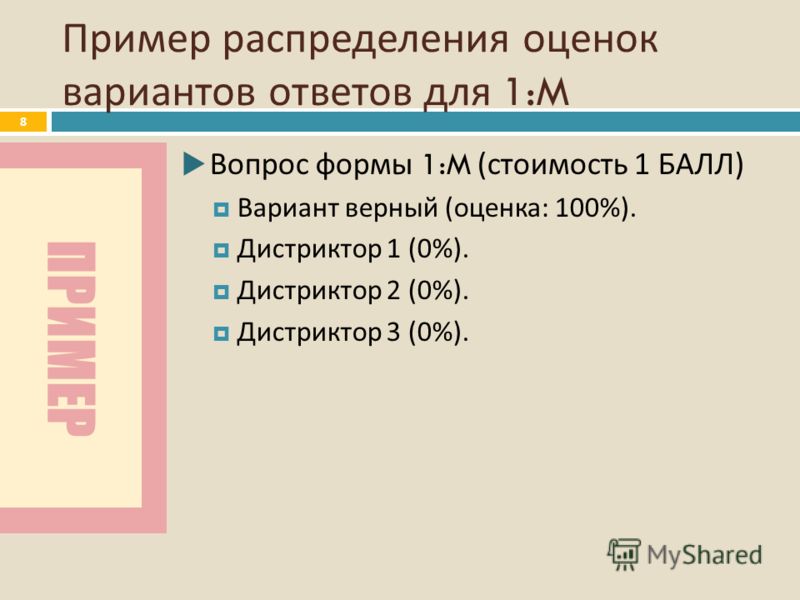 ПРИМЕР Пример распределения оценок вариантов ответов для 1:M 8 Вопрос формы 1:M ( стоимость 1 БАЛЛ ) Вариант верный ( оценка : 100%). Дистриктор 1 (0%). Дистриктор 2 (0%). Дистриктор 3 (0%).