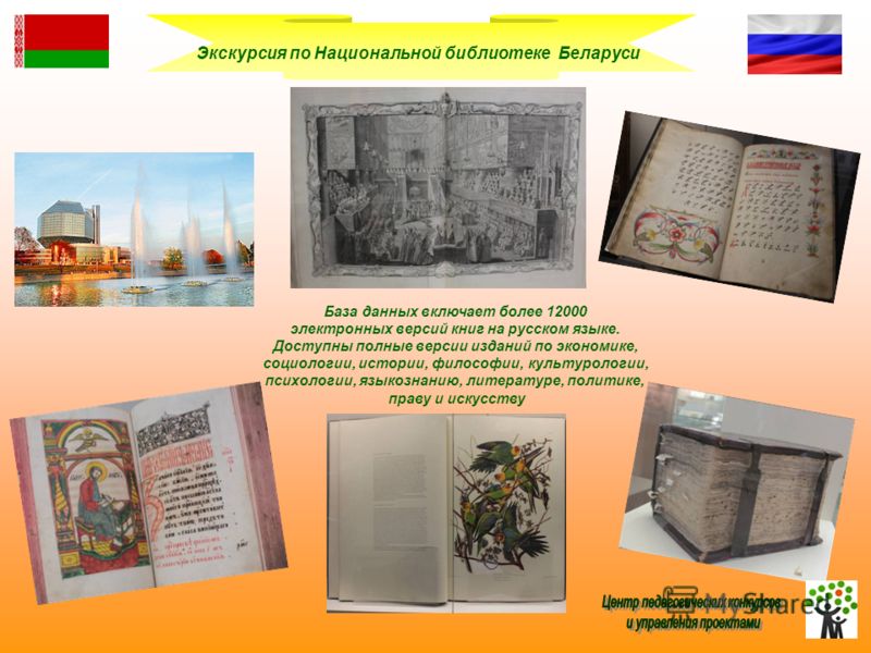 Экскурсия по Национальной библиотеке Беларуси База данных включает более 12000 электронных версий книг на русском языке. Доступны полные версии изданий по экономике, социологии, истории, философии, культурологии, психологии, языкознанию, литературе, 