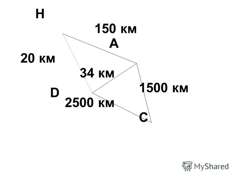150 км 34 км 2500 км 20 км 1500 км A D H C