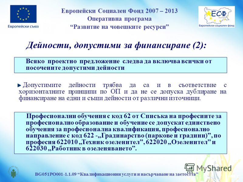 Европейски Социален Фонд 2007 – 2013 Оперативна програма Развитие на човешките ресурси BG051PO001-1.1.09 Квалификационни услуги и насърчаване на заетостта Дейности, допустими за финансиране (2): Допустимите дейности трябва да са и в съответствие с хо