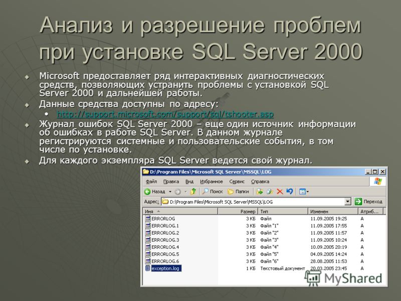 Анализ и разрешение проблем при установке SQL Server 2000 Microsoft предоставляет ряд интерактивных диагностических средств, позволяющих устранить проблемы с установкой SQL Server 2000 и дальнейшей работы. Microsoft предоставляет ряд интерактивных ди