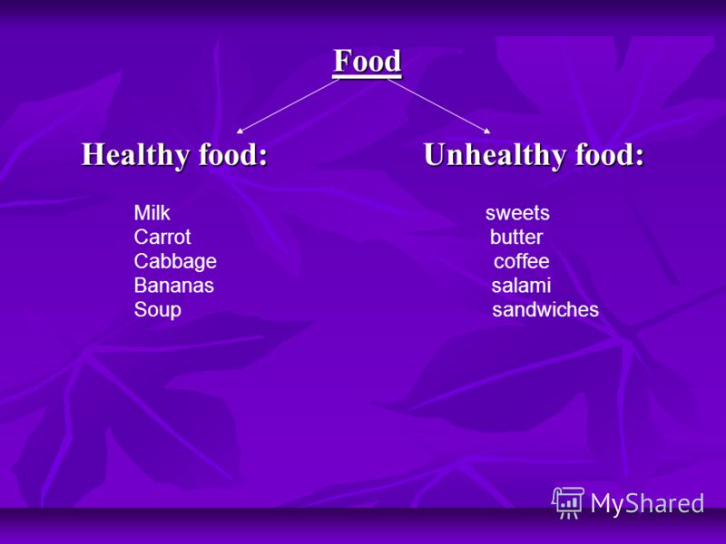 Food Food Healthy food: Unhealthy food: Milk sweets Carrot butter Cabbage coffee Bananas salami Soup sandwiches