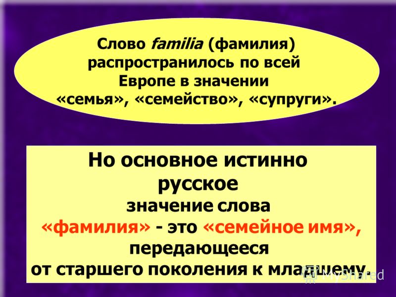 Слово familia (фамилия) распространилось по всей Европе в значении «семья», «семейство», «супруги». Но основное истинно русское значение слова «фамилия» - это «семейное имя», передающееся от старшего поколения к младшему.