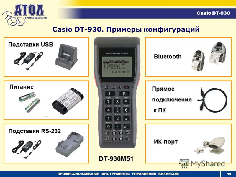 ПРОФЕССИОНАЛЬНЫЕ ИНСТРУМЕНТЫ УПРАВЛЕНИЯ БИЗНЕСОМ Casio DT-930 Casio DT-930. Примеры конфигураций Подставки USB Bluetooth Прямоеподключение к ПК к ПК ИК-порт DT-930M51 10 Подставки RS-232 Питание