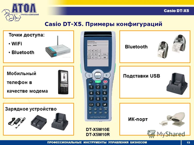 ПРОФЕССИОНАЛЬНЫЕ ИНСТРУМЕНТЫ УПРАВЛЕНИЯ БИЗНЕСОМ Casio DT-X5 Точки доступа: WiFi WiFi Bluetooth Bluetooth Мобильный телефон в качестве модема Зарядное устройство Bluetooth Casio DT-X5. Примеры конфигураций Подставки USB ИК-порт DT-X5M10EDT-X5M10R 13