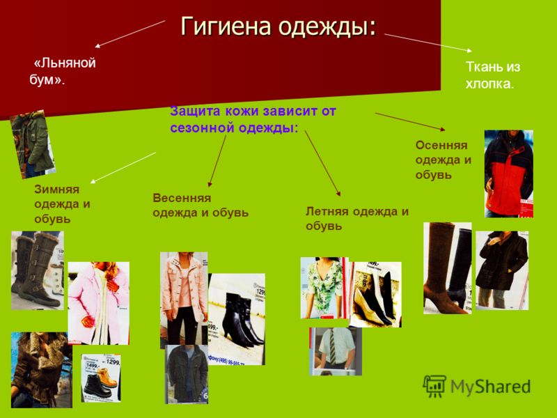Гигиена одежды: «Льняной бум». Ткань из хлопка. Защита кожи зависит от сезонной одежды: Весенняя одежда и обувь Зимняя одежда и обувь Летняя одежда и обувь Осенняя одежда и обувь