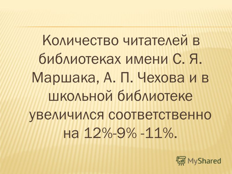 Количество читателей в библиотеках имени С. Я. Маршака, А. П. Чехова и в школьной библиотеке увеличился соответственно на 12%-9% -11%.