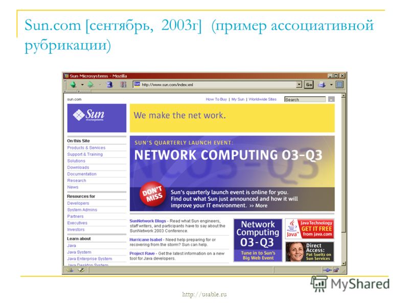 http://usable.ru Sun.com [сентябрь, 2003г] (пример ассоциативной рубрикации)
