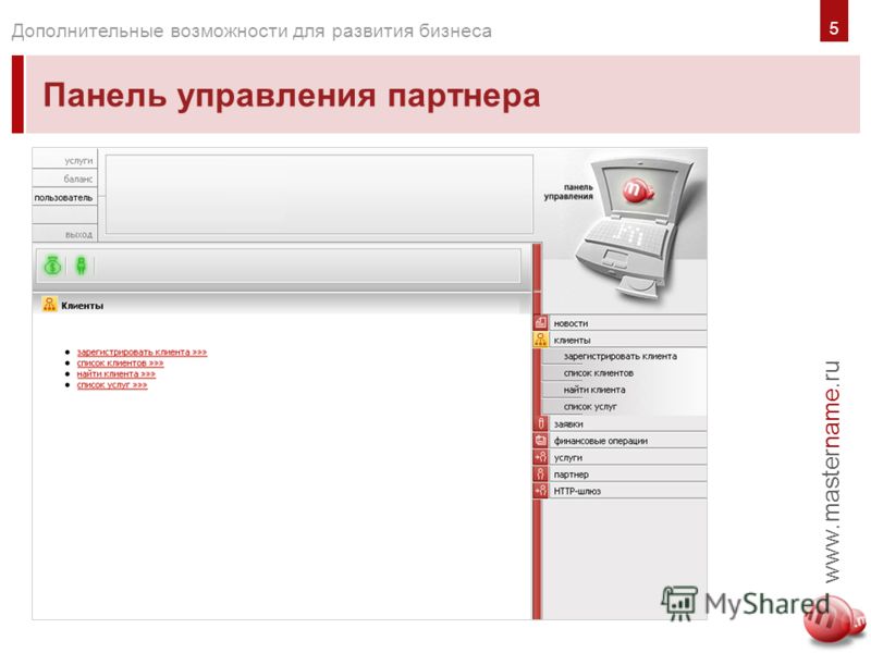 www.mastername.ru Дополнительные возможности для развития бизнеса Панель управления партнера 5