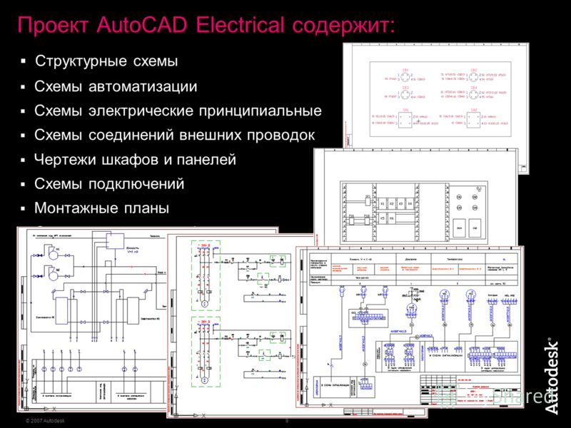 9 © 2007 Autodesk Структурные схемы Схемы автоматизации Схемы электрические принципиальные Схемы соединений внешних проводок Чертежи шкафов и панелей Схемы подключений Монтажные планы Отчеты в различных форматах Проект AutoCAD Electrical содержит:
