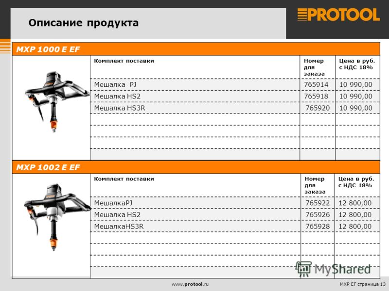 MXP EF страница 13www.protool.ru MXP 1000 E EF Комплект поставкиНомер для заказа Цена в руб. с НДС 18% Мешалка PJ 765914 10 990,00 Мешалка HS2 765918 10 990,00 Мешалка HS3R 765920 10 990,00 MXP 1002 E EF Комплект поставкиНомер для заказа Цена в руб. 
