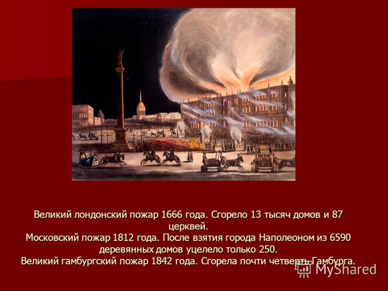 Великий лондонский пожар 1666 года. Сгорело 13 тысяч домов и 87 церквей. Московский пожар 1812 года. После взятия города Наполеоном из 6590 деревянных домов уцелело только 250. Великий гамбургский пожар 1842 года. Сгорела почти четверть Гамбурга.