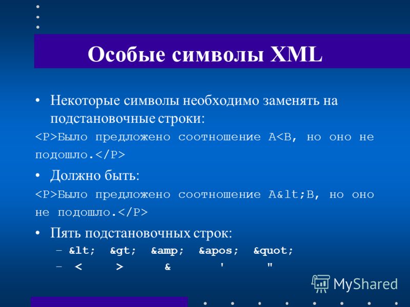 Особые символы XML Некоторые символы необходимо заменять на подстановочные строки: Было предложено соотношение A