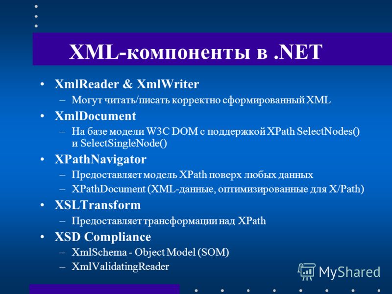 XML-компоненты в.NET XmlReader & XmlWriter –Могут читать/писать корректно сформированный XML XmlDocument –На базе модели W3C DOM с поддержкой XPath SelectNodes() и SelectSingleNode() XPathNavigator –Предоставляет модель XPath поверх любых данных –XPa
