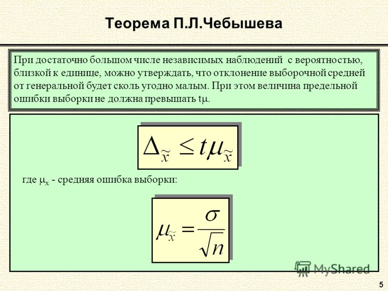 5 Теорема П.Л.Чебышева При достаточно большом числе независимых наблюдений с вероятностью, близкой к единице, можно утверждать, что отклонение выборочной средней от генеральной будет сколь угодно малым. При этом величина предельной ошибки выборки не 