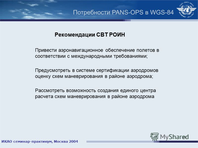 ИКАО семинар-практикум, Москва 2004 19 Рекомендации СВТ РОИН Привести аэронавигационное обеспечение полетов в соответствии с международными требованиями; Предусмотреть в системе сертификации аэродромов оценку схем маневрирования в районе аэродрома; Р