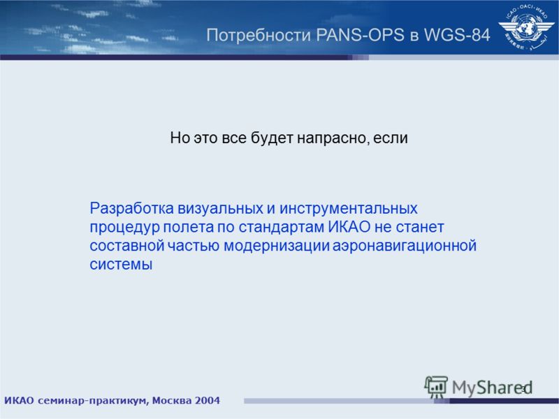 ИКАО семинар-практикум, Москва 2004 3 Но это все будет напрасно, если Разработка визуальных и инструментальных процедур полета по стандартам ИКАО не станет составной частью модернизации аэронавигационной системы