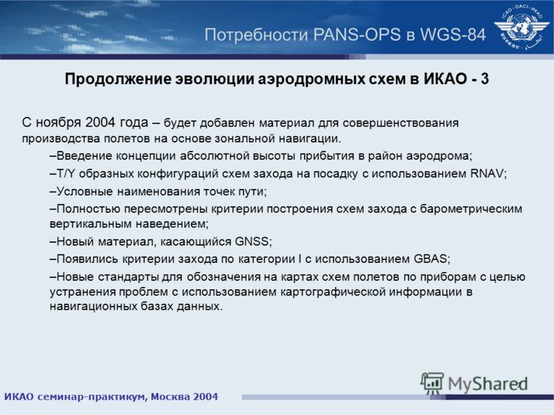 ИКАО семинар-практикум, Москва 2004 7 Продолжение эволюции аэродромных схем в ИКАО - 3 С ноября 2004 года – будет добавлен материал для совершенствования производства полетов на основе зональной навигации. –Введение концепции абсолютной высоты прибыт