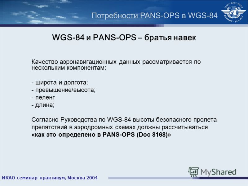 ИКАО семинар-практикум, Москва 2004 9 WGS-84 и PANS-OPS – братья навек Качество аэронавигационных данных рассматривается по нескольким компонентам: - широта и долгота; - превышение/высота; - пеленг - длина; Согласно Руководства по WGS-84 высоты безоп