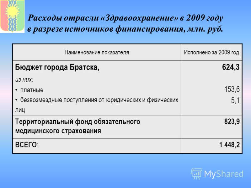 Расходы отрасли «Здравоохранение» в 2009 году в разрезе источников финансирования, млн. руб. Наименование показателяИсполнено за 2009 год Бюджет города Братска, из них: платные безвозмездные поступления от юридических и физических лиц 624,3 153,6 5,1