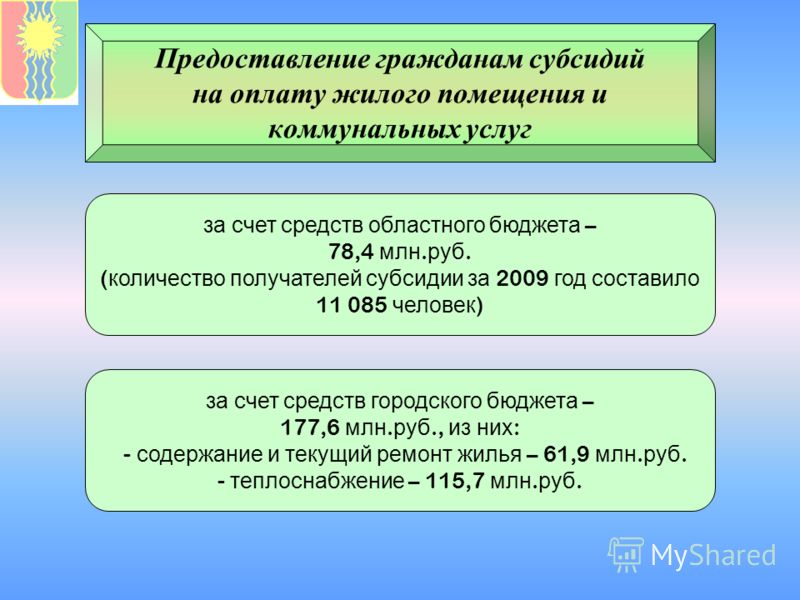 Предоставление гражданам субсидий на оплату жилого помещения и коммунальных услуг за счет средств областного бюджета – 78,4 млн. руб. ( количество получателей субсидии за 2009 год составило 11 085 человек ) за счет средств городского бюджета – 177,6 