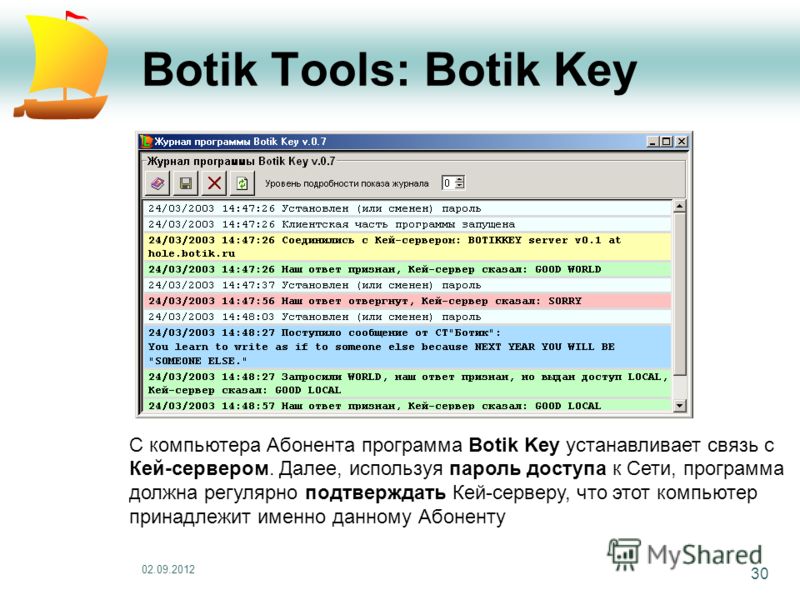 02.09.2012 30 Botik Tools: Botik Key С компьютера Абонента программа Botik Key устанавливает связь с Кей-сервером. Далее, используя пароль доступа к Сети, программа должна регулярно подтверждать Кей-серверу, что этот компьютер принадлежит именно данн