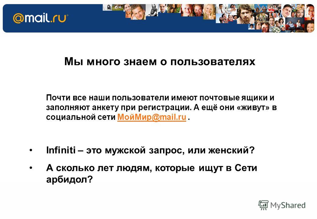 3 53.5% 60.0% 27.4% 46.5% 40.0% Мы много знаем о пользователях Почти все наши пользователи имеют почтовые ящики и заполняют анкету при регистрации. А ещё они «живут» в социальной сети МойМир@mail.ru.МойМир@mail.ru Infiniti – это мужской запрос, или ж