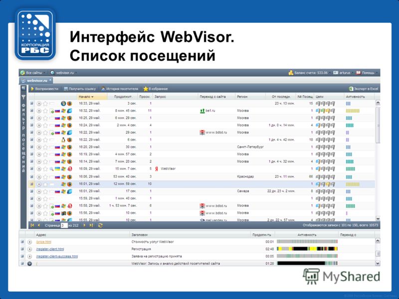 Интерфейс WebVisor. Список посещений