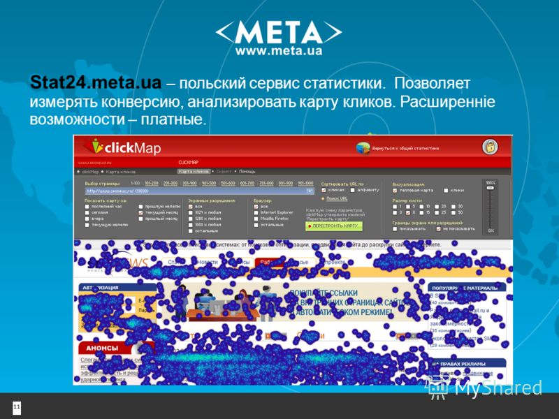 11 Stat24.meta.ua – польский сервис статистики. Позволяет измерять конверсию, анализировать карту кликов. Расширенніе возможности – платные.