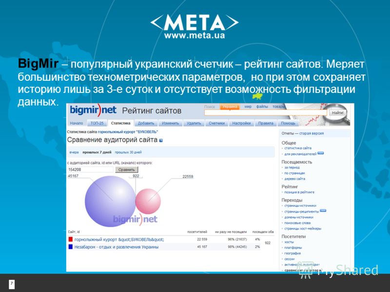 7 BigMir – популярный украинский счетчик – рейтинг сайтов. Меряет большинство технометрических параметров, но при этом сохраняет историю лишь за 3-е суток и отсутствует возможность фильтрации данных.