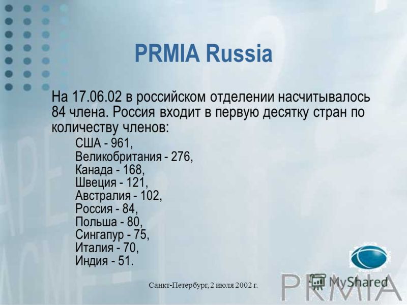 Санкт-Петербург, 2 июля 2002 г. PRMIA Russia На 17.06.02 в российском отделении насчитывалось 84 члена. Россия входит в первую десятку стран по количеству членов: США - 961, Великобритания - 276, Канада - 168, Швеция - 121, Австралия - 102, Россия - 